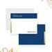 Personalized corporate thank-you card with navy header, printed gold detail and name, shown with a white envelope-front-back