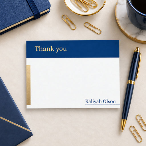 Personalized corporate thank-you card with navy header, printed gold detail and name, shown with a white envelope-front