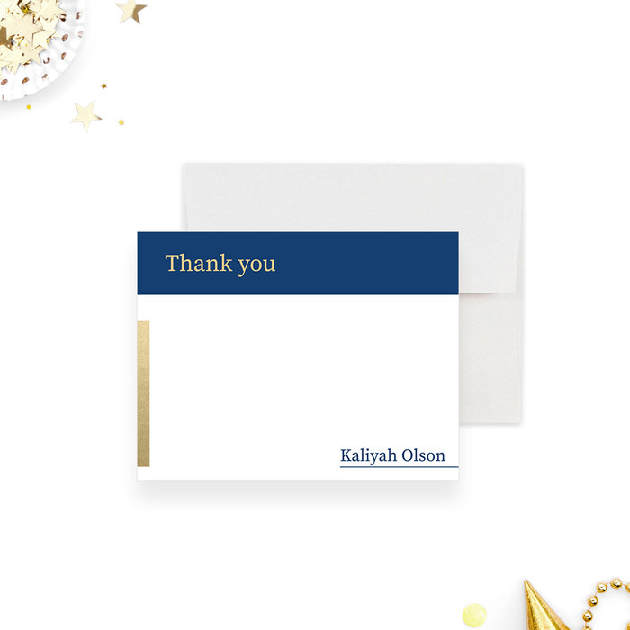 Personalized corporate thank-you card with navy header, printed gold detail and name, shown with a white envelope-front