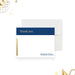 Personalized corporate thank-you card with navy header, printed gold detail and name, shown with a white envelope-front