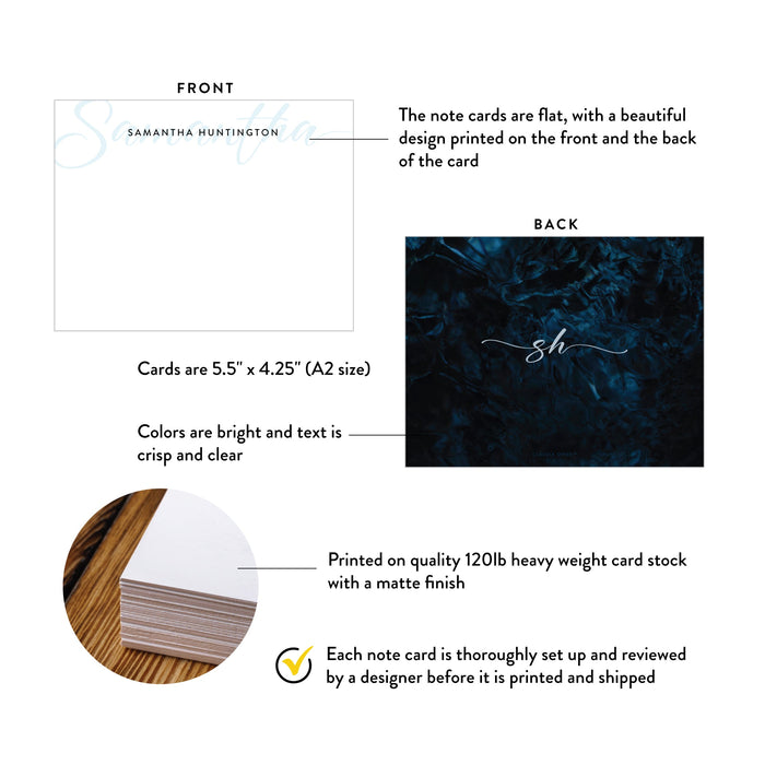 Specifications graphic showing the front and back of personalized blue marble monogram note cards for home and office, A2 size 5.5 × 4.25 inches and matte cardstock.