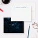 Front and back of personalized note cards with a light blue script initial and a personalized name and a blue marble back with script initials.