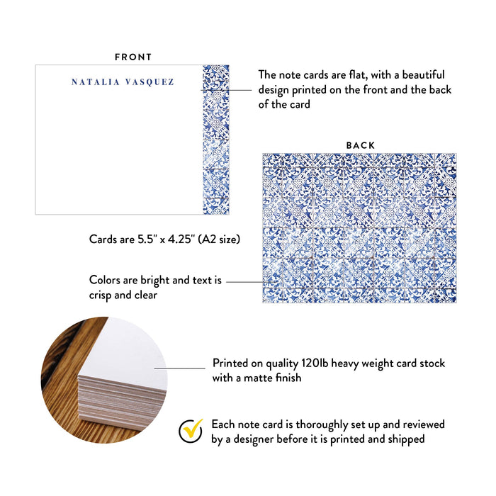 Front and back of personalized blue mediterranean tile note cards showing A2 dimensions and matte cardstock details.