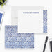 Personalized white note cards with a blue Mediterranean tile strip along the front edge and an all over blue and white tile pattern on the reverse.