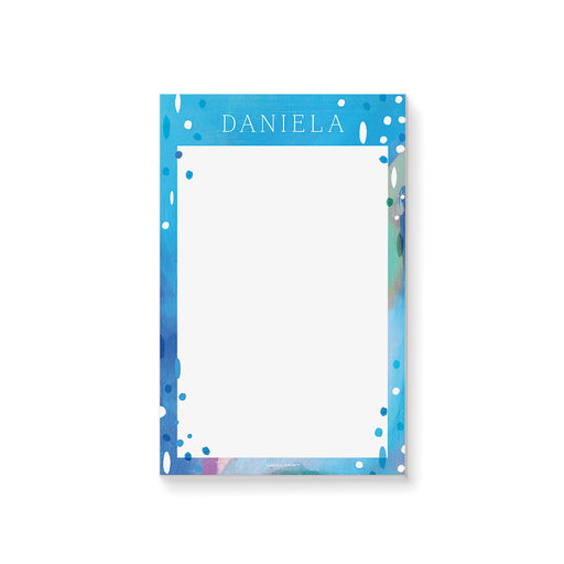 personalized blue painted notepad with custom name, cool abstract blue border, white writing space, and summer-inspired design