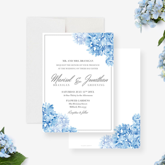 Personalized blue floral wedding invitation with watercolor flowers, elegant script names, and custom wedding details-front-back