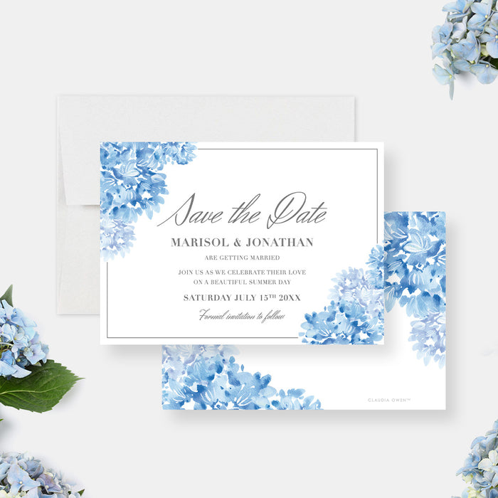 Personalized blue watercolor floral save the date card with custom names and wedding date-front-back