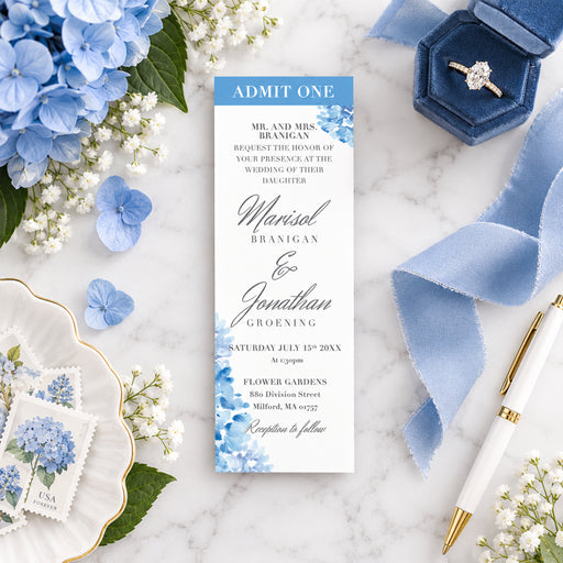 Personalized blue watercolor hydrangea wedding ticket invitation with Admit One header, elegant script names, and custom ceremony details