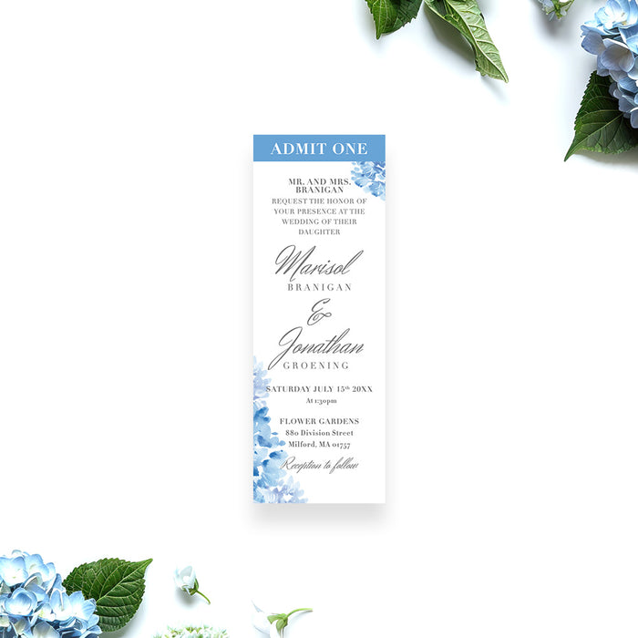 Personalized blue watercolor hydrangea wedding ticket invitation with Admit One header, elegant script names, and custom ceremony details