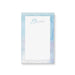 personalized blue watercolor notepad with custom name in script lettering, soft watercolor border, and blank writing space