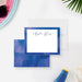 Personalized Blue Watercolor Pool Party Thank You Cards. Front and blue watercolor back shown with a white envelope.