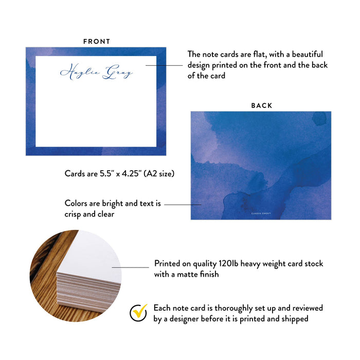 Product details graphic for personalized blue watercolor pool party thank you cards, showing front and back designs, A2 size, and matte cardstock.