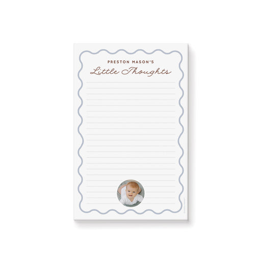 personalized baby photo notepad with blue wavy border, custom name, circular baby portrait, and a space for daily notes, lists, and reminders