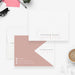 Personalized business note cards with a script name on white and a blush pink geometric reverse with contact details.
