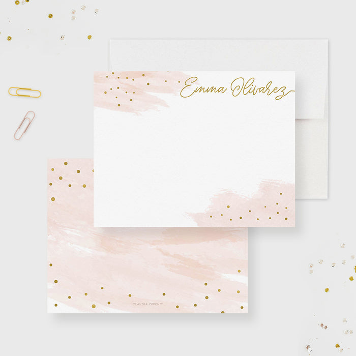 Personalized blush pink and gold note card with watercolor accents and printed gold details-front-back