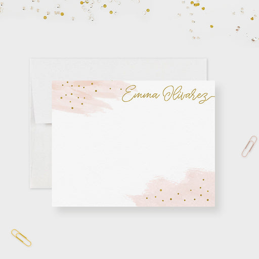 Personalized blush pink and gold note card with watercolor accents and printed gold details-front