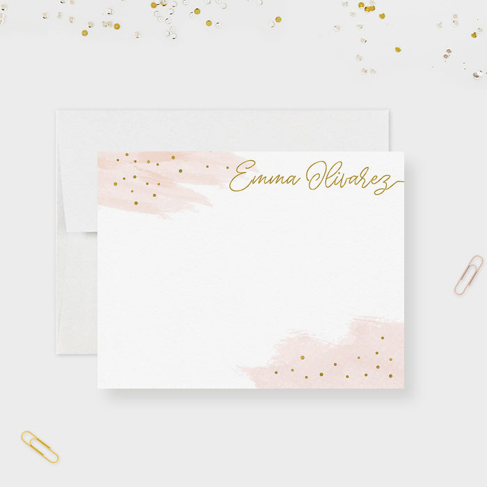 Personalized blush pink and gold note card with watercolor accents and printed gold details-front