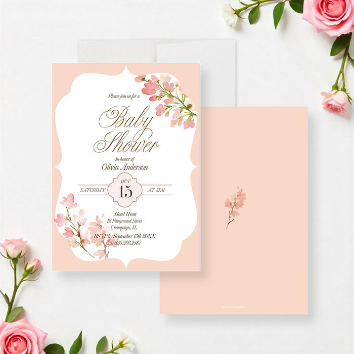 Personalized blush pink watercolor floral baby shower invitation with custom guest of honor’s name, date, venue and RSVP details-front-back
