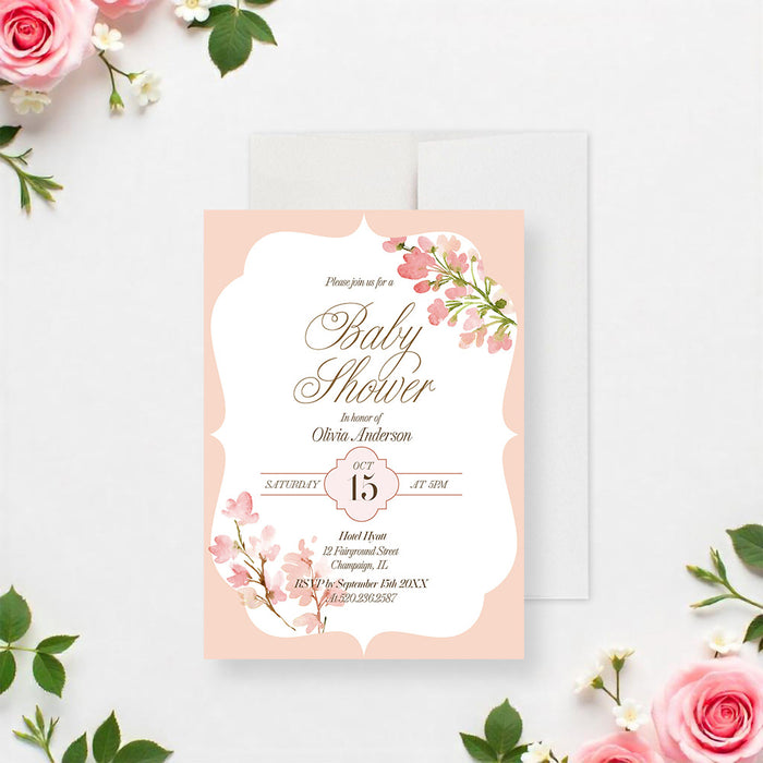 Personalized blush pink watercolor floral baby shower invitation with custom guest of honor’s name, date, venue and RSVP details-front
