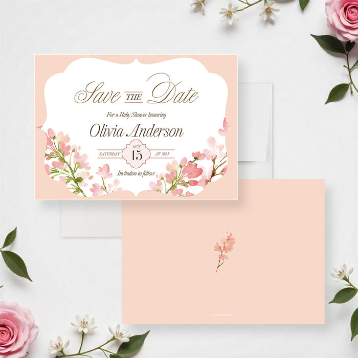 Personalized watercolor floral baby shower save the date card with blush pink flowers, custom guest of honor’s name, date and invitation to follow wording-front-back