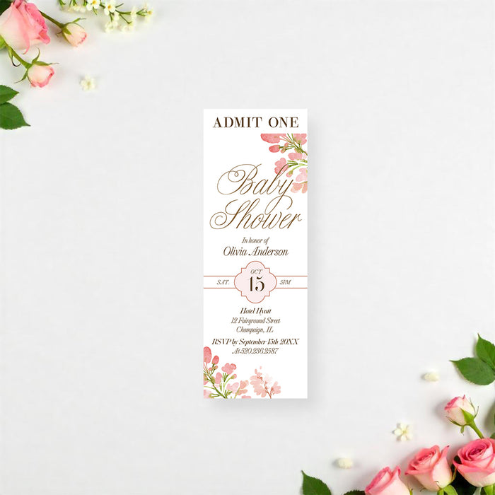 Personalized watercolor floral baby shower ticket invitation with blush pink flowers, custom name, date, venue, RSVP details and Admit One wording