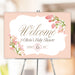Personalized blush pink watercolor floral baby shower welcome sign with custom guest of honor’s name, event date and botanical accents