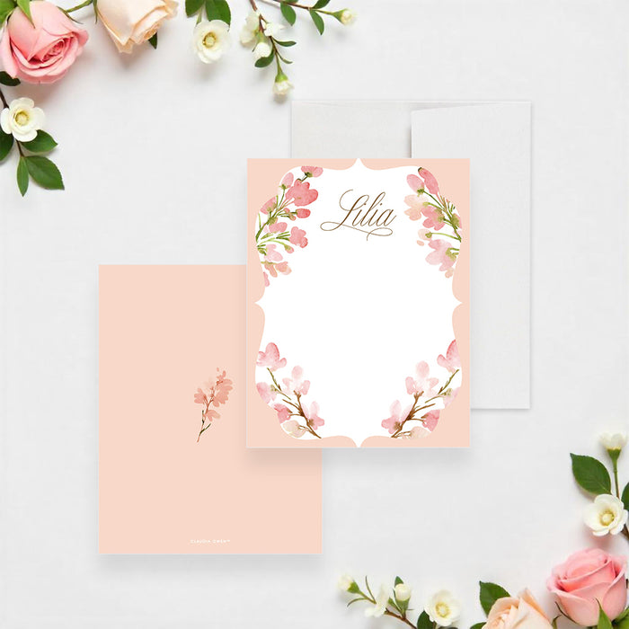 Personalized blush pink watercolor floral note card with custom name and blank writing area-front-back