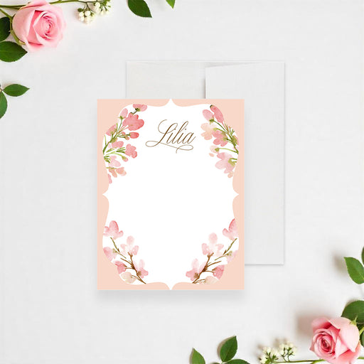 Personalized blush pink watercolor floral note card with custom name and blank writing area-front