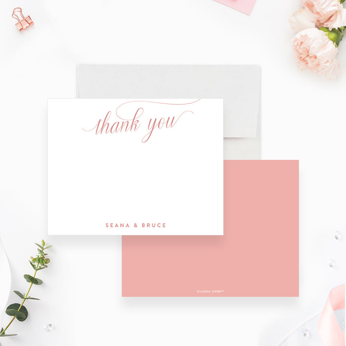 Personalized blush thank you card elegant script wedding stationery-front-back