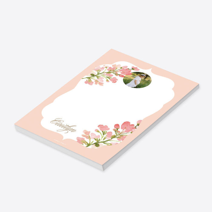 Personalized blush watercolor floral photo notepad gift for a mom-to-be with custom pregnancy photo, name and blank writing area-side