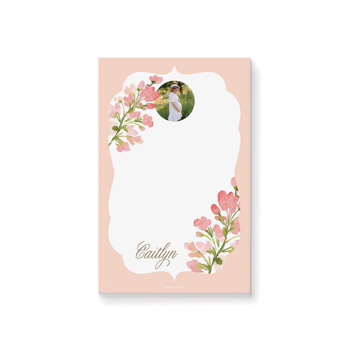 Personalized blush watercolor floral photo notepad gift for a mom-to-be with custom pregnancy photo, name and blank writing area