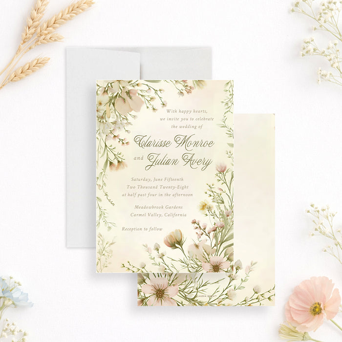 Personalized garden wedding invitation with blush pink, cream and pale yellow wildflower border, couple’s names, venue and event details-front-back