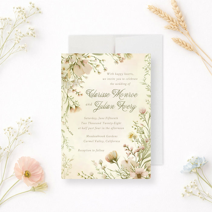 Personalized garden wedding invitation with blush pink, cream and pale yellow wildflower border, couple’s names, venue and event details-front