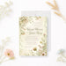 Personalized garden wedding invitation with blush pink, cream and pale yellow wildflower border, couple’s names, venue and event details-front