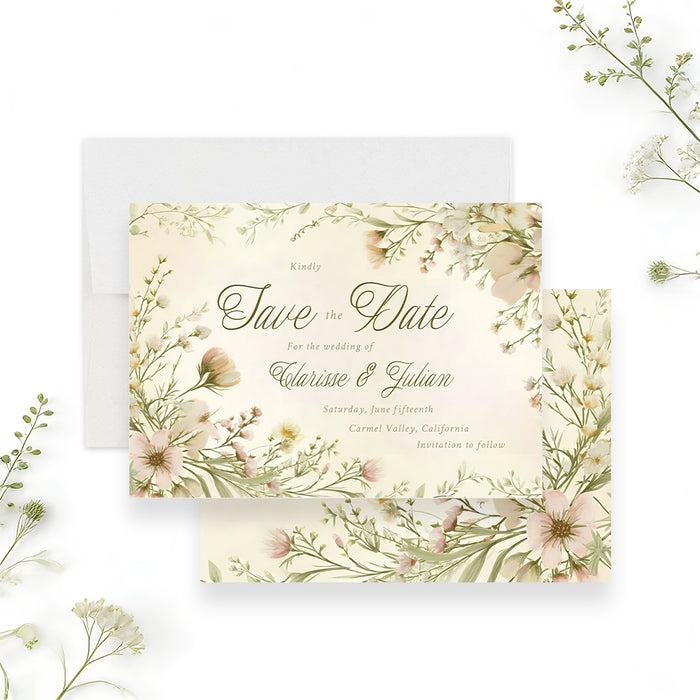 Personalized garden wedding save the date card with blush and cream wildflower border, Clarissa and Julian names, wedding date and Carmel Valley location-front-back