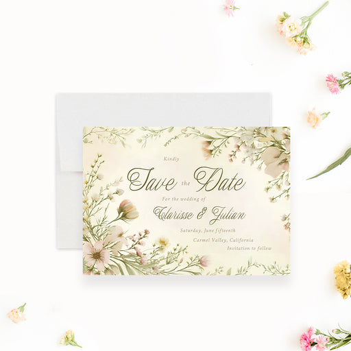 Personalized garden wedding save the date card with blush and cream wildflower border, Clarissa and Julian names, wedding date and Carmel Valley location-front