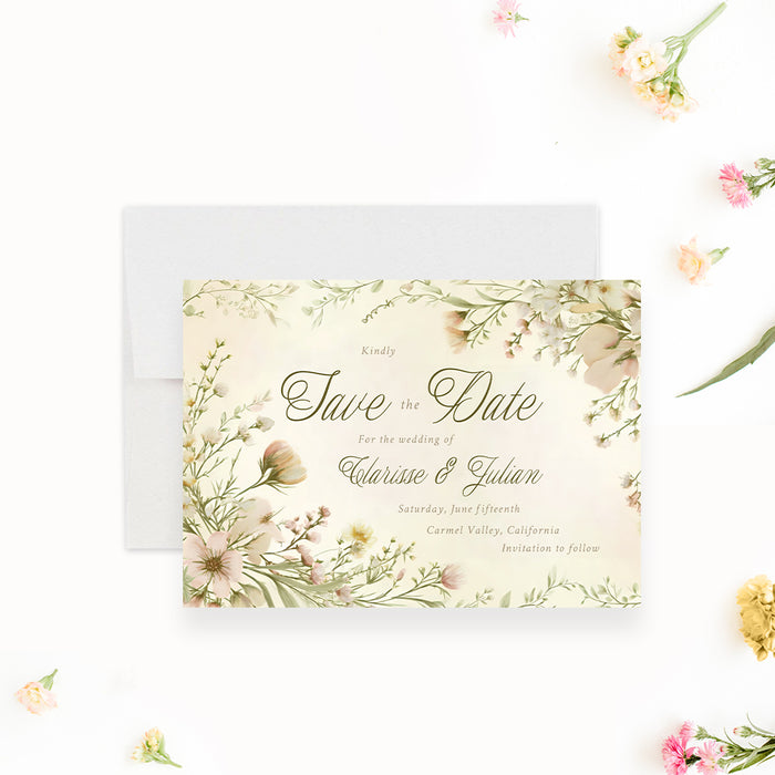 Personalized garden wedding save the date card with blush and cream wildflower border, Clarissa and Julian names, wedding date and Carmel Valley location-front