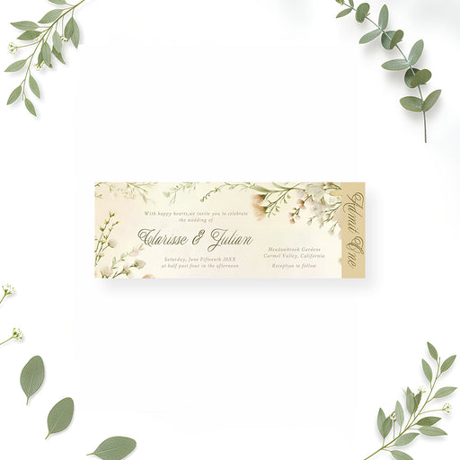 Personalized garden wedding ticket invitation with blush wildflowers, greenery, couple’s names, event details and vertical Admit One wording