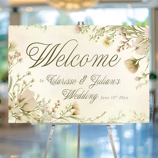 Personalized garden wedding welcome sign with blush and cream wildflower border, couple’s names and wedding date