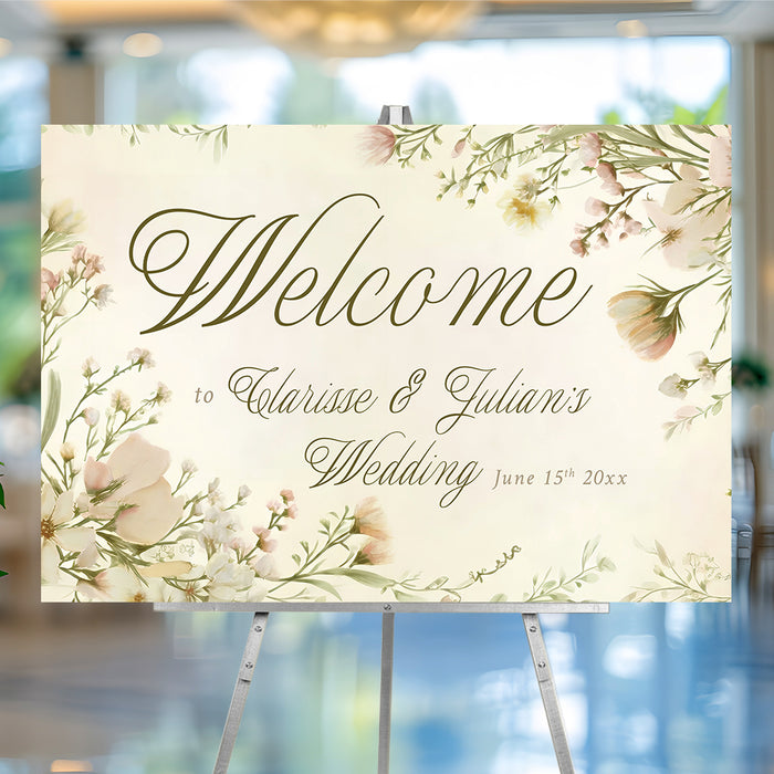 Personalized garden wedding welcome sign with blush and cream wildflower border, couple’s names and wedding date