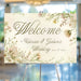 Personalized garden wedding welcome sign with blush and cream wildflower border, couple’s names and wedding date