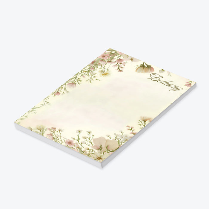 Personalized blank notepad with Bethany name, blush pink, cream and pale yellow wildflowers and a delicate leafy botanical border-side