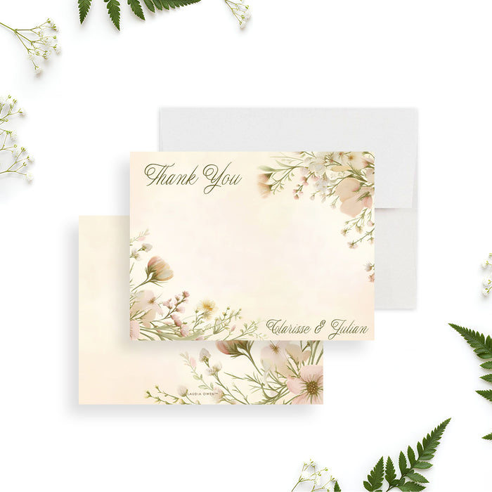 Front and back of personalized wedding thank you card with blush wildflowers, elegant Thank You script, writing space and the couple’s names-front-back
