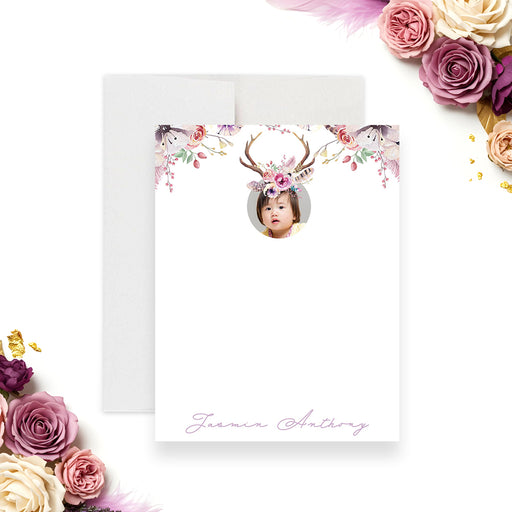 Boho floral personalized note card with child photo, antlers, and flower crown design, kids’ thank you card stationery-front
