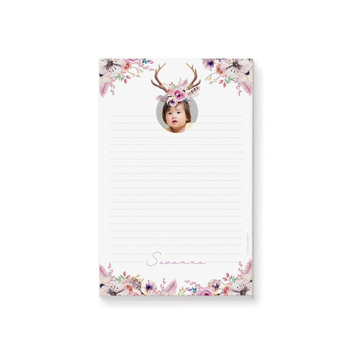 Personalized floral notepad with your child's photo, decorated with an antler and flower crown design, perfect for girls’ everyday use stationery