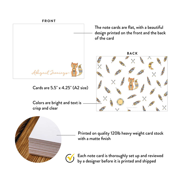 Front and back of personalized boho fox note cards showing A2 dimensions and matte cardstock details.