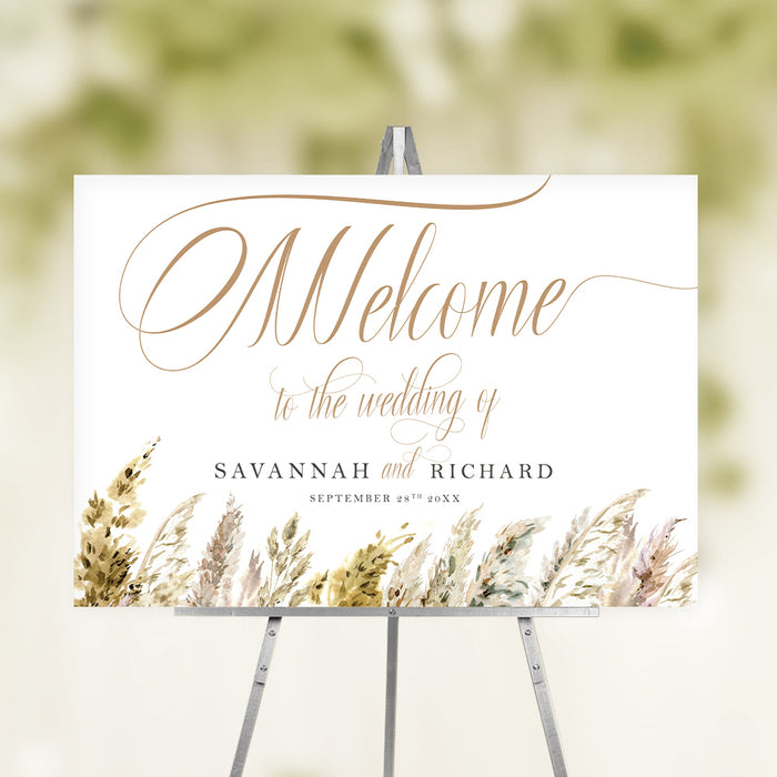 Personalized boho watercolor pampas grass wedding welcome sign with custom couple’s names, wedding date and neutral botanical design