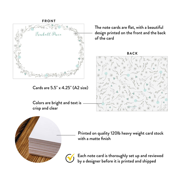 Product details for personalized botanical border note cards: front and back designs, A2 size, matte cardstock, and design proof.