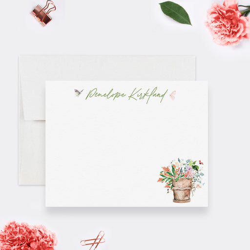 Personalized botanical note cards with flower pot and butterflies