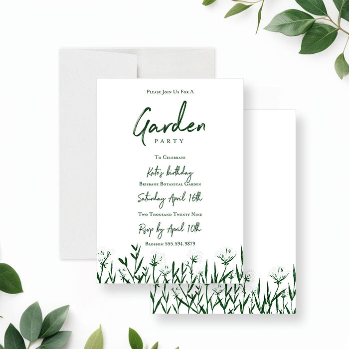 Personalized garden party birthday invitation with green botanical line art, white flowers, custom event name, date, venue, address and RSVP details-front-back
